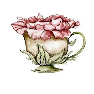 Bardakta çiçek olan suluboya çizimler. Elle çizilmiş element. Orman mantarı beyazın üstünde izole edilmiş. Tebrik kartları, baskılar, kartpostallar ve hediyelik eşyalar için güzel el boyaması peri masalı çizimi.. 