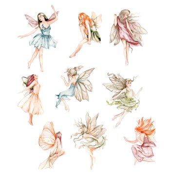 Watercolor cartoon fairy with magic wings. Watercolor hand draw fairy tale illustration. Illustartion with white isolated background. Perfect for greeting card, poster, wedding invitation, party decor