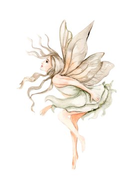 Watercolor cartoon fairy with magic wings. Watercolor hand draw fairy tale illustration. Illustartion with white isolated background. Perfect for greeting card, poster, wedding invitation, party decor