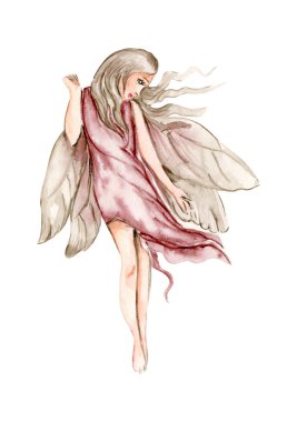 Watercolor cartoon fairy with magic wings. Watercolor hand draw fairy tale illustration. Illustartion with white isolated background. Perfect for greeting card, poster, wedding invitation, party decor