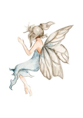 Watercolor cartoon fairy with magic wings. Watercolor hand draw fairy tale illustration. Illustartion with white isolated background. Perfect for greeting card, poster, wedding invitation, party decor
