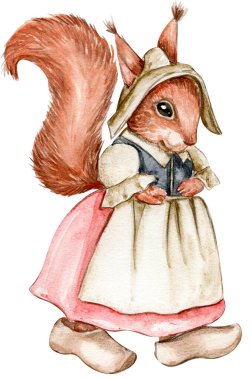 Hand drawn watercolor squirrel. Watercolor hand draw fairy tale illustration. Illustartion with white isolated background. Perfect for greeting card, poster.