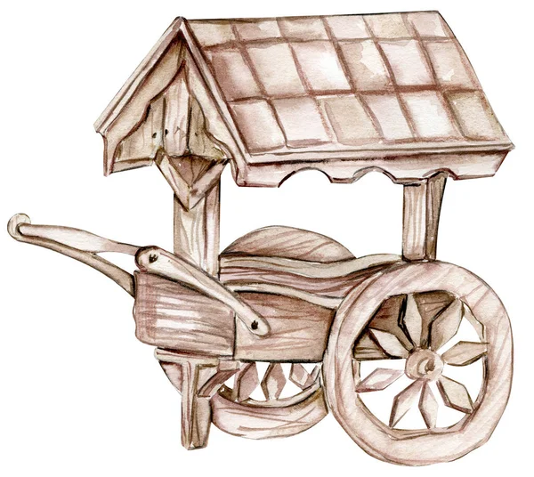 Watercolor Hand Drawn Wooden Cart Cute Hand Painted Illustration Greeting — Stock Photo, Image