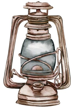 Watercolor illustration of rusty lamp. An old rusty enamel element. Hand-drawn in watercolour on a white background. Perfect for wedding invitation, greetings card, posters,party decor. 