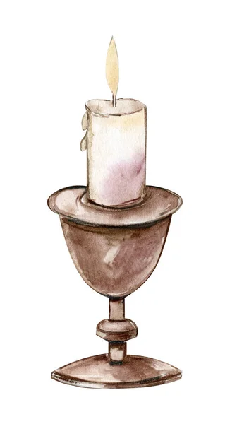 Акварельная Иллюстрация Старого Металлического Анделабрума Свечой Рисунок Акварелью Белом Фоне — стоковое фото