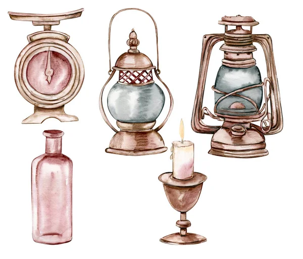 Watercolor Illustration Rusty Lamp Metallic Candelabrum Candle Old Rusty Enamel — Fotografia de Stock
