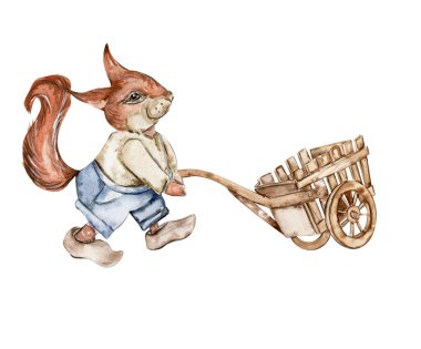 Watercolor illustration of a squirrel with wooden cart. An old rusty enamel element. Hand-drawn in watercolour on a white background. Perfect for wedding invitation, greetings card.