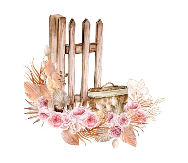 水彩画的古老木制栅栏和粉红色的花朵 手绘插图 白色背景上有水彩画 完美的婚礼 邀请函 卡片模板 — 图库照片