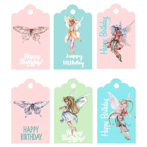 Set of happy birthday  tags. Illustration isolated on white background. Watercolor illustration fayry tales.Template label set.Wedding cake design. Hand drawn design baby shower party, birthday, cake.