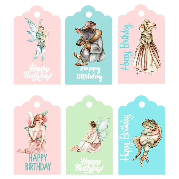 Set of happy birthday  tags. Illustration isolated on white background. Watercolor illustration fayry tales.Template label set.Wedding cake design. Hand drawn design baby shower party, birthday, cake.