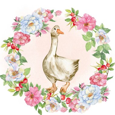 Kaz desenli bir çiçeğin suluboya bileşimi. Beyaz arka planda suluboya ile elle çizilmiş bir resim. Düğün davetiyesi, tebrik kartı, doğum günü partisi, doğum günü kartı için mükemmel.. 