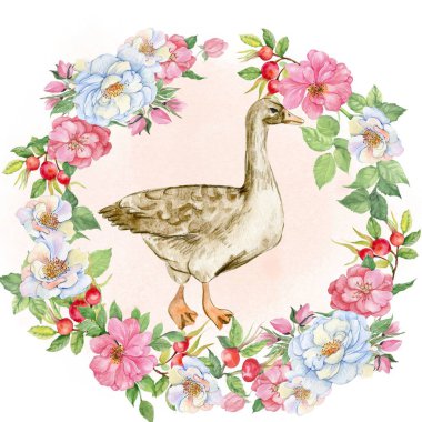 Kaz desenli bir çiçeğin suluboya bileşimi. Beyaz arka planda suluboya ile elle çizilmiş bir resim. Düğün davetiyesi, tebrik kartı, doğum günü partisi, doğum günü kartı için mükemmel.. 