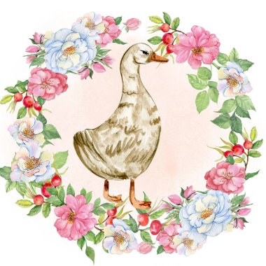 Kaz desenli bir çiçeğin suluboya bileşimi. Beyaz arka planda suluboya ile elle çizilmiş bir resim. Düğün davetiyesi, tebrik kartı, doğum günü partisi, doğum günü kartı için mükemmel.. 