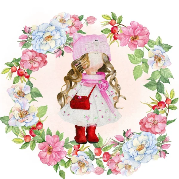 Watercolor hand drawn cute doll Tilda with flower frame. Hand drawn watercolor illustration isolated on white .  Designf for baby shower party, birthday, cake, holiday celebration design .