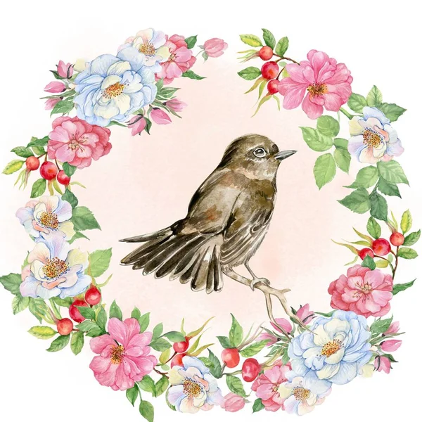 Watercolor Hand Drawn Bird Flower Frame Sparrow White Background Illustartion — Stock Photo, Image