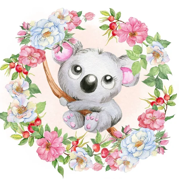 Watercolor Hand Drawn Cute Small Baby Animal Flower Frame Hand — Stock Photo, Image