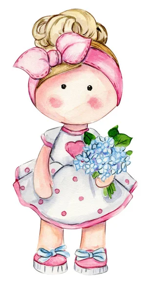 stock image Watercolor hand drawn cute doll Tilda in dress. Hand drawn watercolor illustration isolated on white.Designf for baby shower party, birthday,cake, holiday celebration design. greetings card,invitation.