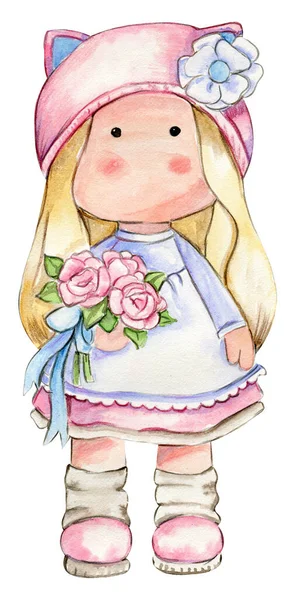 Watercolor hand drawn cute doll Tilda in dress. Hand drawn watercolor illustration isolated on white.Designf for baby shower party, birthday,cake, holiday celebration design. greetings card,invitation.