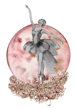 Watercolor dancing pretty ballerina with flowers and moon. Watercolor hand drawn illustration. Can be used for cards or posters. With white isolated background. Young  pretty ballerina women.
