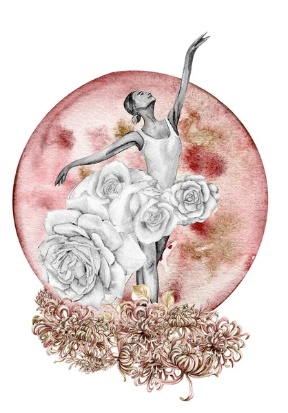 Watercolor dancing pretty ballerina with flowers and moon. Watercolor hand drawn illustration. Can be used for cards or posters. With white isolated background. Young  pretty ballerina women.
