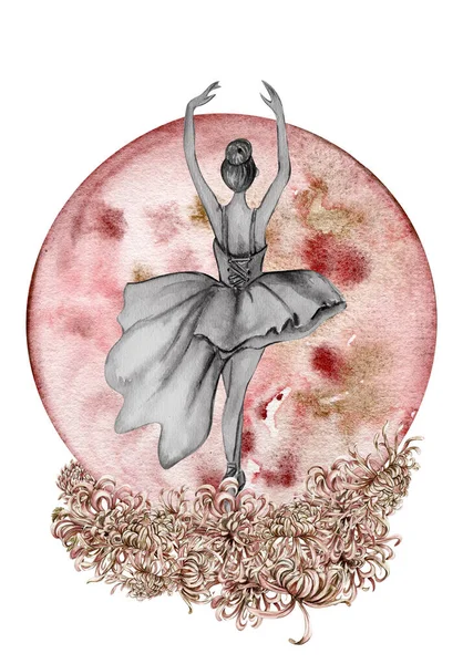 水彩舞很不错的芭蕾舞演员与花和月亮 水彩画手绘插图 可用于卡片或海报 与白色孤立的背景 年轻漂亮的芭蕾舞女 — 图库照片