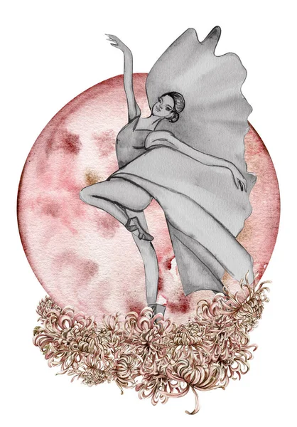 Watercolor Dancing Pretty Ballerina Flowers Moon Watercolor Hand Drawn Illustration — Photo