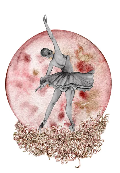 Aquarell Tanzende Hübsche Ballerina Mit Blumen Und Mond Aquarell Handgezeichnete — Stockfoto