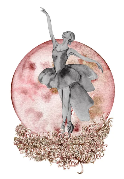 Watercolor Dancing Pretty Ballerina Flowers Moon Watercolor Hand Drawn Illustration —  Fotos de Stock