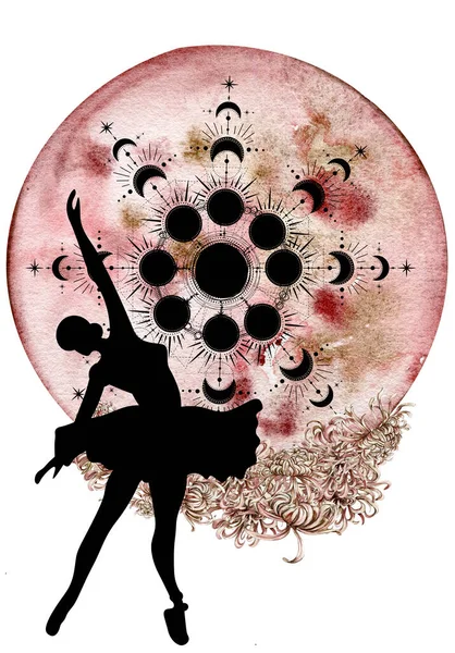 Watercolor Dancing Pretty Ballerina Flowers Moon Watercolor Hand Drawn Illustration — ストック写真