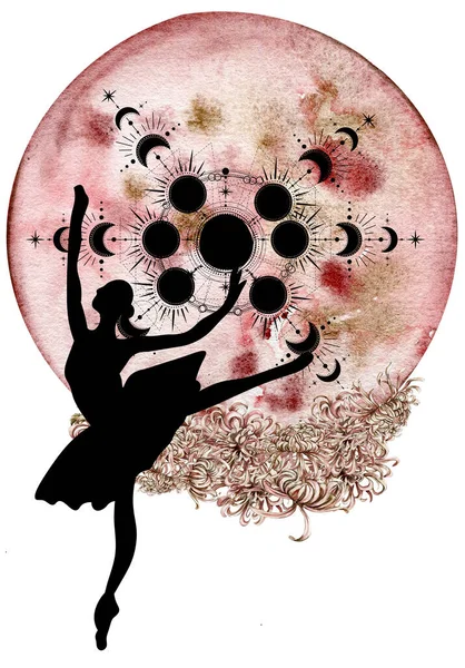 Aquarelle Dansant Jolie Ballerine Avec Des Fleurs Lune Aquarelle Illustration — Photo