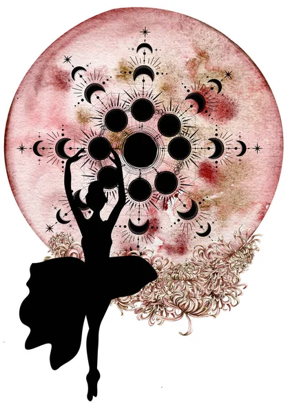 Watercolor Dancing Pretty Ballerina Flowers Moon Watercolor Hand Drawn Illustration — ストック写真