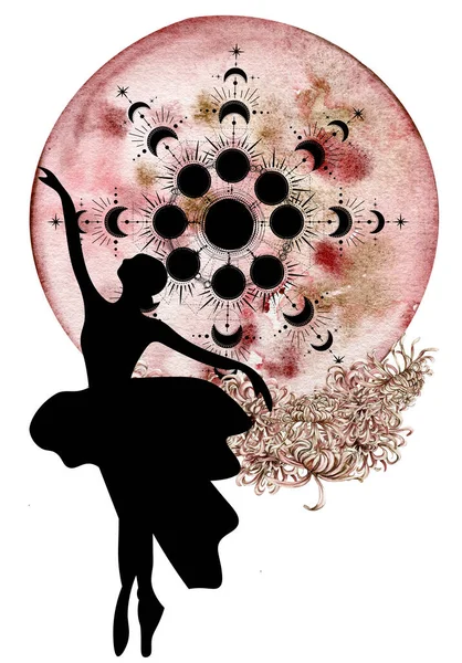 Watercolor dancing pretty ballerina with flowers and moon. Watercolor hand drawn illustration. Can be used for cards or posters. With white isolated background. Young  pretty ballerina women.