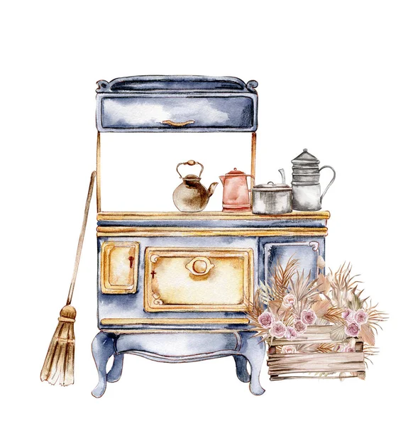 Handgezeichnete Aquarell Vintage Stil Küche Isolierte Möbel Für Das Interieur — Stockfoto