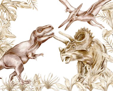 Beyaz arka planda dinozorların suluboya el çizimi. Bebek odası dekorasyonu, düğün davetiyesi, tebrik kartı, parti dekorasyonu için mükemmel. El boyaması dinozor. Çocuklar için komik.. 