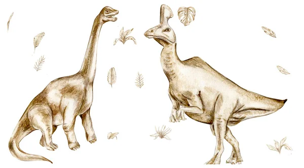 Watercolor Mão Desenhada Ilustração Dinossauros Fundo Branco Perfeito Para Decoração — Fotografia de Stock
