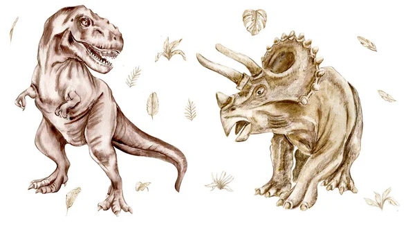 Watercolor Mão Desenhada Ilustração Dinossauros Fundo Branco Perfeito Para Decoração — Fotografia de Stock