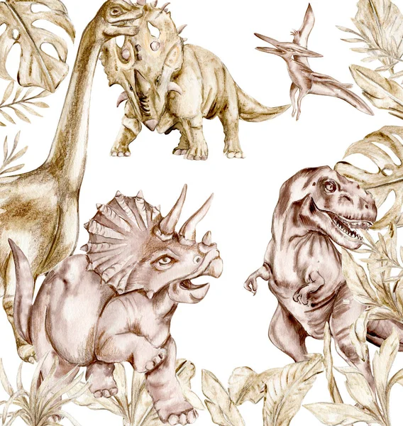 Aquarelle Illustration Dessinée Main Dinosaures Sur Fond Blanc Parfait Pour — Photo