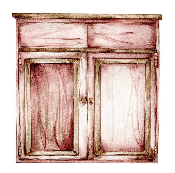 手描き水彩ヴィンテージスタイルの食器棚 インテリアのための隔離された家具 ミッド世紀の近代的な家具とヴィンテージインテリアの背景インテリアのシーン ファームハウスキッチン コテージイラスト — ストック写真
