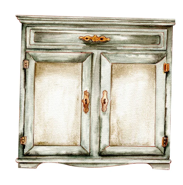 手描き水彩ヴィンテージスタイルの食器棚 インテリアのための隔離された家具 ミッド世紀の近代的な家具とヴィンテージインテリアの背景インテリアのシーン ファームハウスキッチン コテージイラスト — ストック写真