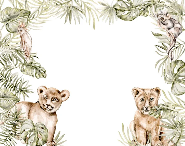 Akvarell Keret Dzsungel Állatok Pálmafa Elágazás Fehér Háttér Tökéletes Óvoda — Stock Fotó