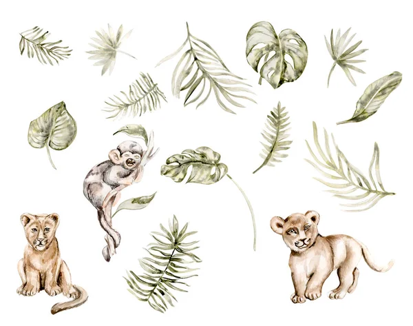 stock image Watercolor hand drawn  illustration ofrom the jungle animals and a palm tree branchon a white background. Perfect for nursery poster decoration, stickers . invitation, greetings card, party decor.  