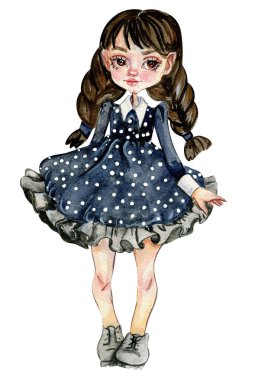 Suluboya el çizimi Çarşamba dansı. Koyu renk elbiseli tatlı bir kız resmi. Beyaz arka planda suluboya resimli el resmi. Tebrik kartı, afiş, çıkartma, defter hazırlamak için mükemmel..