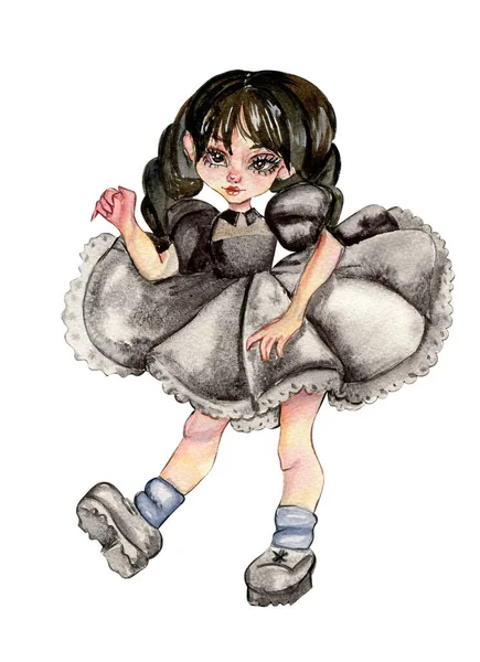 Akvarel Ručně Kreslené Středeční Tanečník Ilustrace Roztomilé Dívky Tmavých Šatech — Stock fotografie