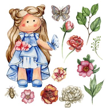 Suluboya el çiçekli şirin bebek Tilda 'yı çizdi. El çizimi suluboya resim beyazı üzerine izole edildi. Bebek partisi, doğum günü, pasta, bayram kutlama tasarımı, tebrik kartı, davetiye..