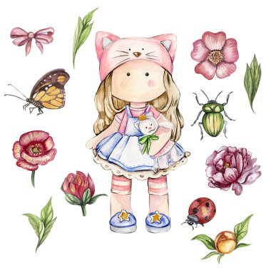 Suluboya el çiçekli şirin bebek Tilda 'yı çizdi. El çizimi suluboya resim beyazı üzerine izole edildi. Bebek partisi, doğum günü, pasta, bayram kutlama tasarımı, tebrik kartı, davetiye..