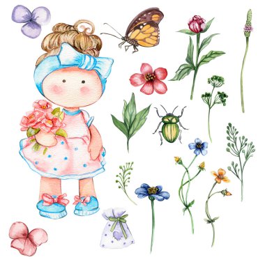 Suluboya el çiçekli şirin bebek Tilda 'yı çizdi. El çizimi suluboya resim beyazı üzerine izole edildi. Bebek partisi, doğum günü, pasta, bayram kutlama tasarımı, tebrik kartı, davetiye..