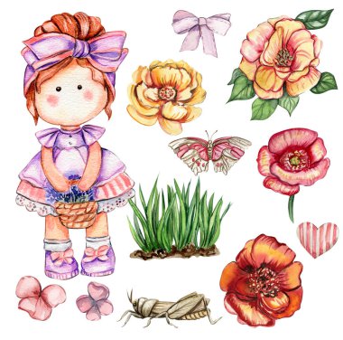 Suluboya el çiçekli şirin bebek Tilda 'yı çizdi. El çizimi suluboya resim beyazı üzerine izole edildi. Bebek partisi, doğum günü, pasta, bayram kutlama tasarımı, tebrik kartı, davetiye..