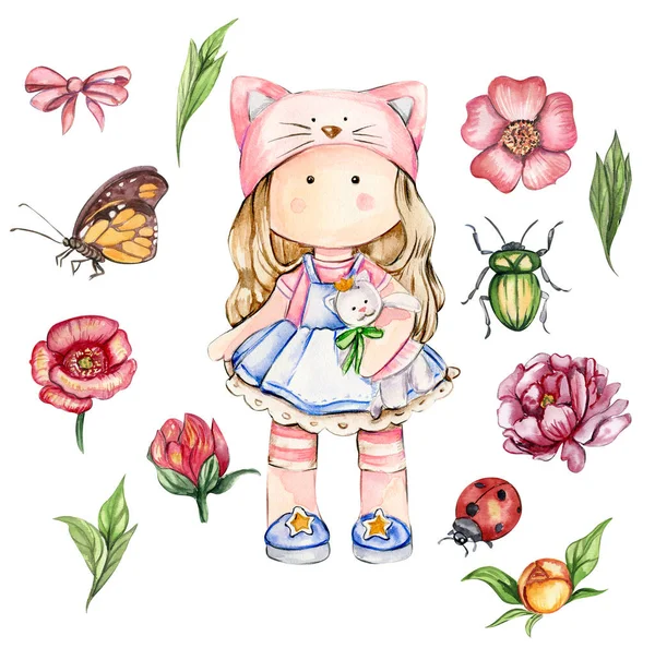 Watercolor hand drawn cute doll Tilda with flower.Hand drawn watercolor illustration isolated on white.Designf for baby shower party,birthday,cake,holiday celebration design,greetings card,invitation.