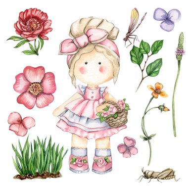 Suluboya el çiçekli şirin bebek Tilda 'yı çizdi. El çizimi suluboya resim beyazı üzerine izole edildi. Bebek partisi, doğum günü, pasta, bayram kutlama tasarımı, tebrik kartı, davetiye..