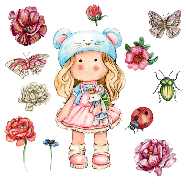 Watercolor hand drawn cute doll Tilda with flower.Hand drawn watercolor illustration isolated on white.Designf for baby shower party,birthday,cake,holiday celebration design,greetings card,invitation.